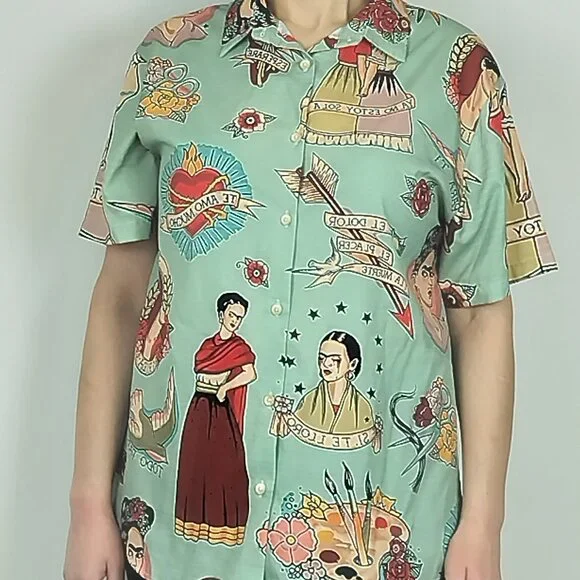 Frida Kahlo Folk Art Graphic Blouse in Green Size Medium - Picture 1 of 8